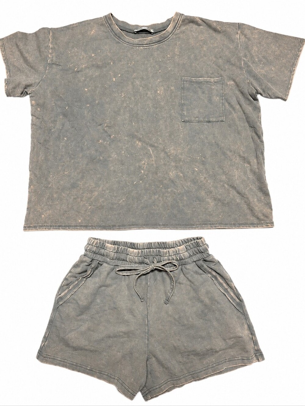 Zenana Gray Mineral Wash Cotton Tee Shorts Lounge Set Size Small NWOT